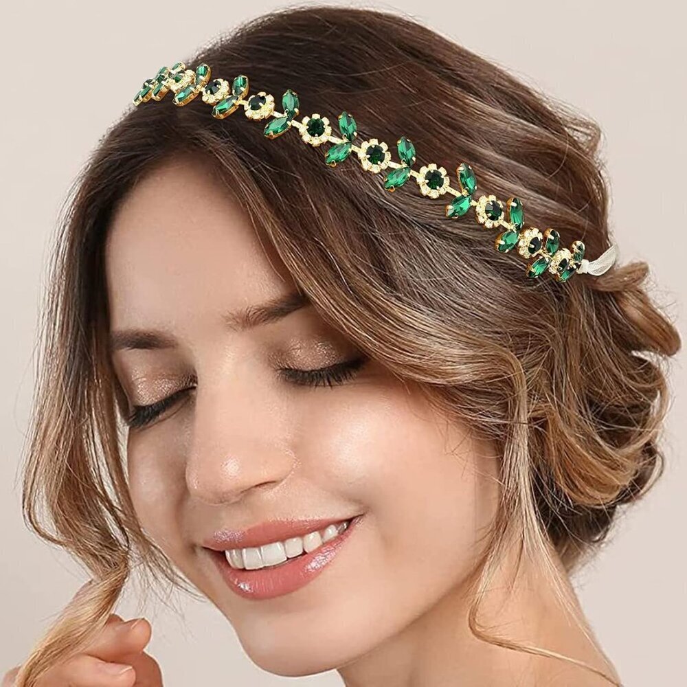 Green Crystal Bridal Headpiece Rhinestone Gold Hair Accessory for Women Bride
